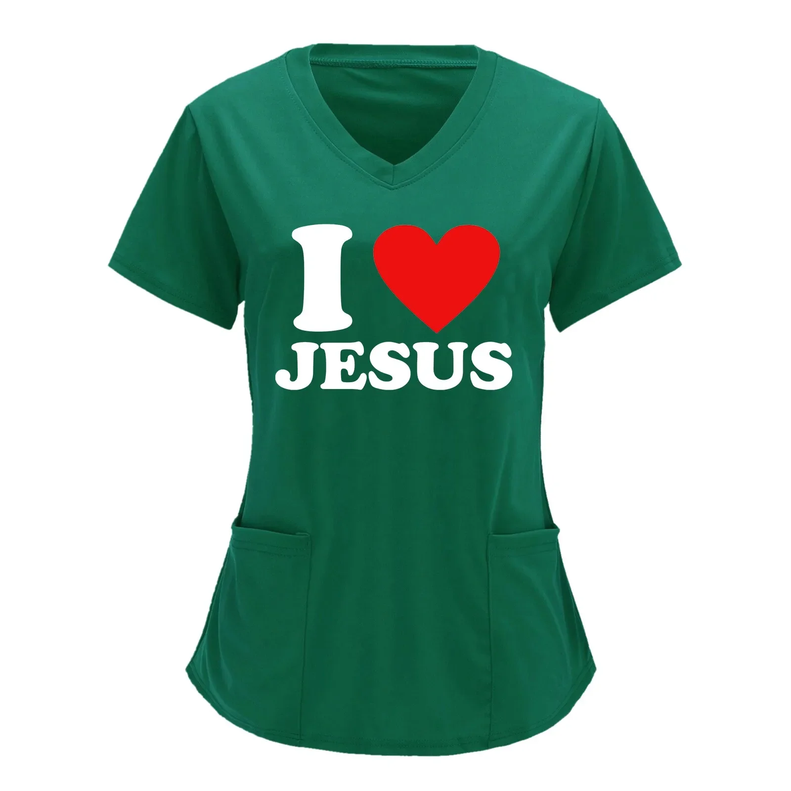 I Love Jesus 여성 티셔츠 간호사 유니폼 오버올 포켓 셔츠, 간호 의료 의료 스크럽 간호사 탑