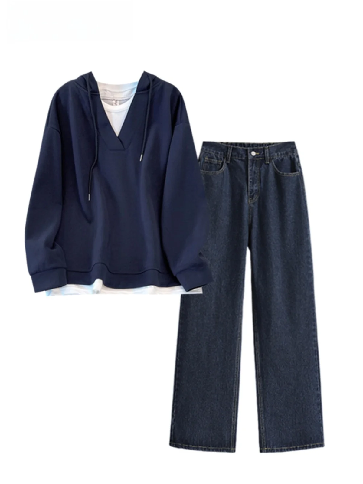 

Slimming Anti-Aging Casual Women's Denim Jaet And Pants Set plus Size Spring Faion Ensemble Korean Sle Long Sve V-Ne