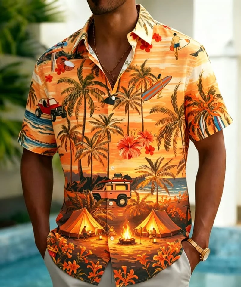 Men's Bold Beach Vacation Print Short Sleeve Lapel Shirt, Versatile Casual Wear for Daily Commute, Vacation & Party Looks