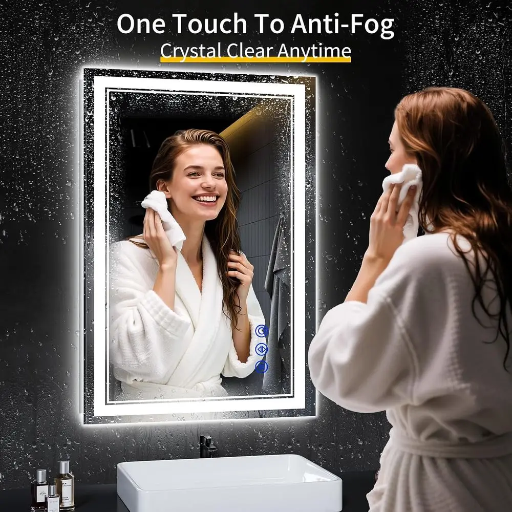 Anti-Fog LED Bathroom Mirror, 38x26, Stepless Dimming, 3 Color Lights, Shatterproof Tempered Glass, Waterproof & Memory Function