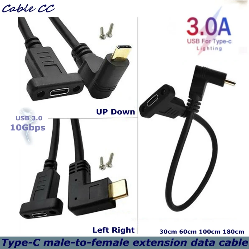 

USB C Type-C male-to-female Extension Data Cable 90-Degree Right Angle, Gold Plated With Panel Mounting Screw Holes 10Gbps