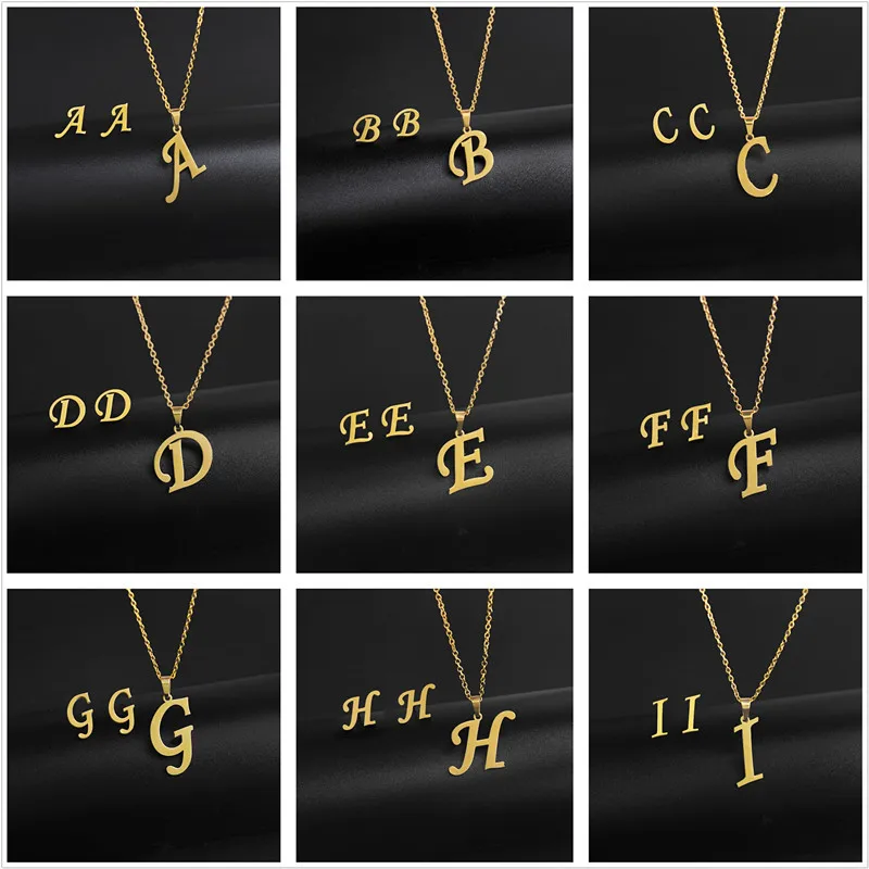 

A-Z 26 Charm Initial Necklace And Stud Earrings Jewelry Sets Alphabet Pendant Chain Letter Mom Gifts
