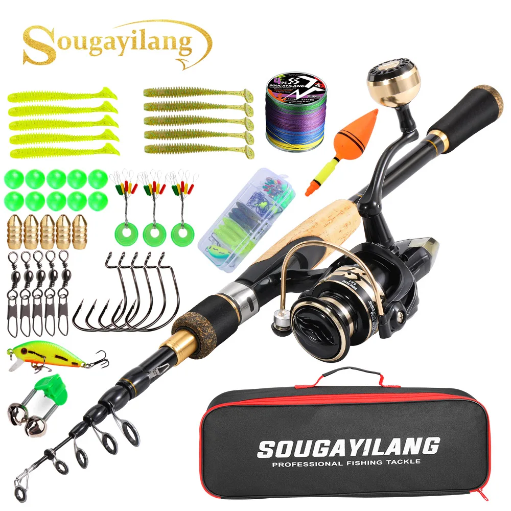 Sougayiolang Spinning Fishing Rod and Reel Set Carbon Rod Max Drag 5kg 5.2:1Fishing Reel Kit Carp Bass Freshwater Fishing Pesca