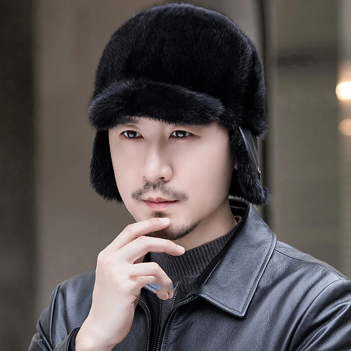 Earflap Hat Real Mink Fur Hat Winter Accessories Warm Beanie Cap Headwear Outdoor Travel Ski Natural Genuine Mink Fur for Men