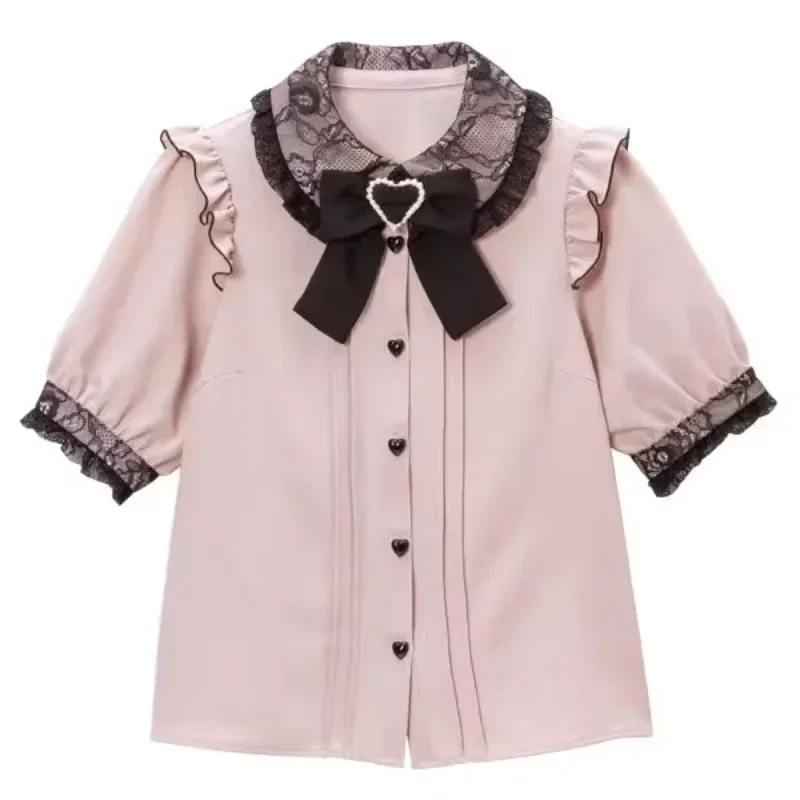

Japanese Kawaii Tops Women Sweet Lolita Shirt Lace Ruffle Off Shoulder Bow Design Soft Girl Summer Cute Blouses Elegant Gothic
