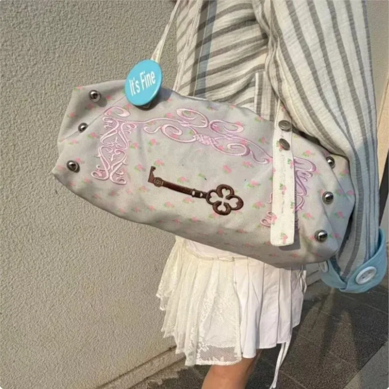 Image of Y2K Harajuku Handtasche mit floraler Spitze für Damen, bestickt, bedruckt, große Kapazität, Nylontasche, Damen, leichte, lässige Reise-Unterarmtaschen