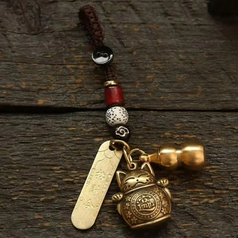Vintage-Anhänger Glücksbringer-Katze Auto-Schlüsselanhänger Fünf-Kaiser-Geldglocke Feng Shui-Münzen Rote Schnur-Knoten Schlüsselring – Detail 4