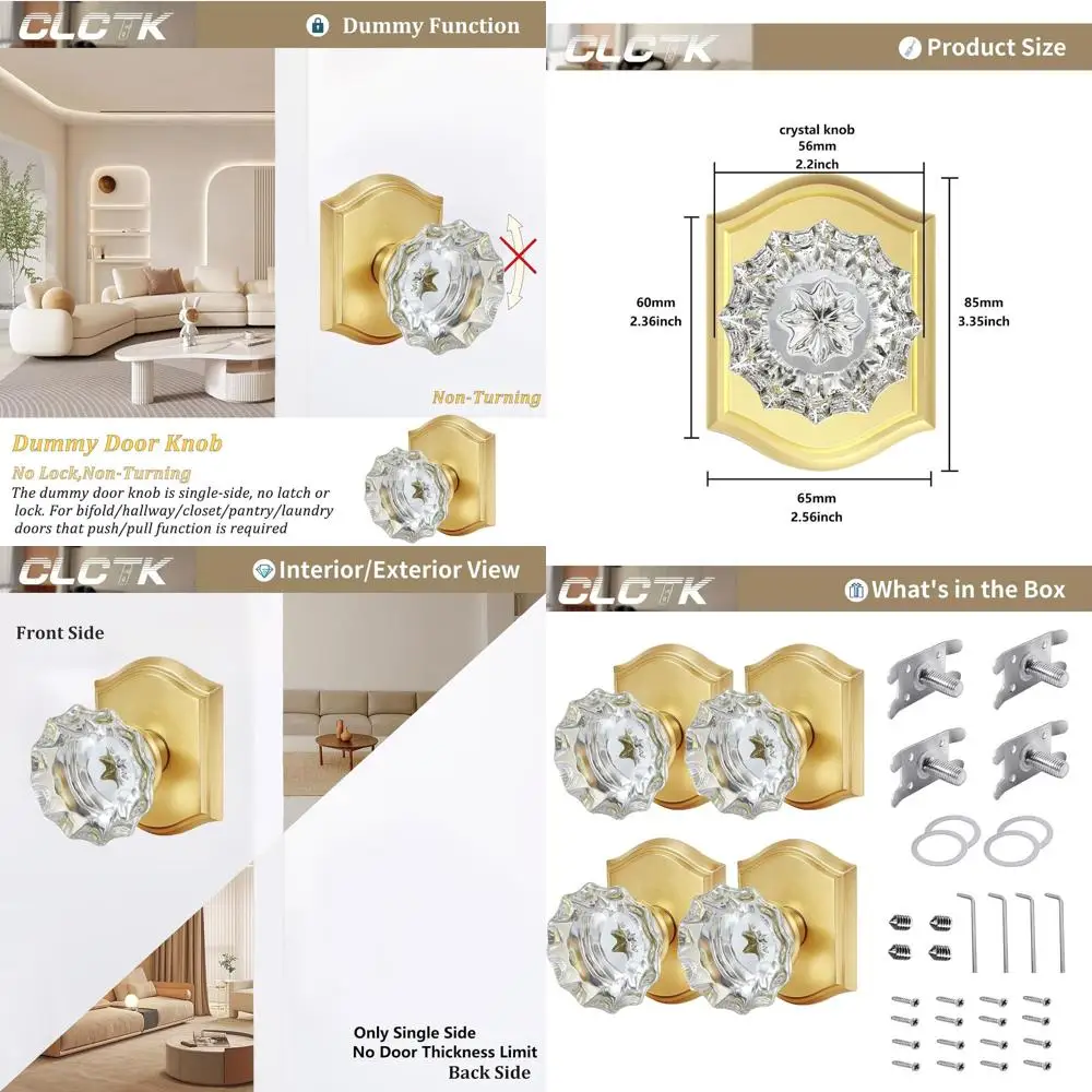 4-Piece Crystal Glass Dummy Door Knob Set, Interior Door Knob in Satin Brass Finish