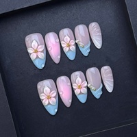 10pcs Blue French Style Handmade Press On Nails Sweet White Camellia Designs Summer Fake Nail Blush Pink Almond False Nails