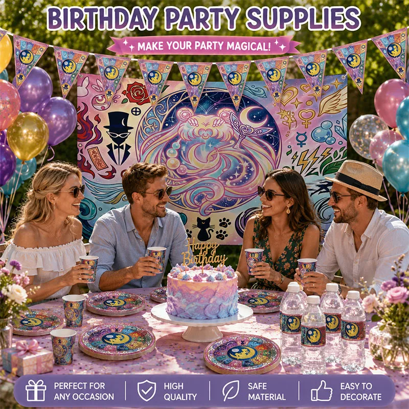 Bunte Sailor Moon Themen-Pappteller, Becher und Strohhalme im Cartoon-Stil für Familienfeiern, Geburtstagspartys und Geschenksets – Detail 2
