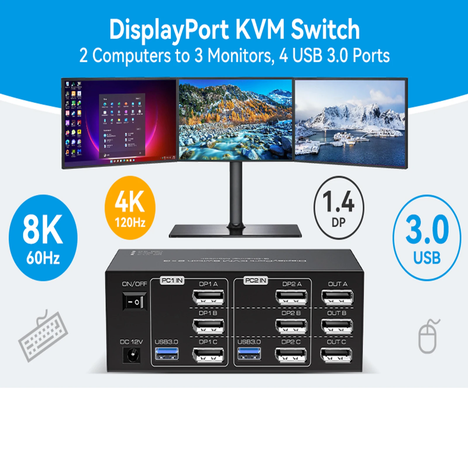 8K @ 60Hz Dp Kvm Switch 3 Monitoren 2 Computers Displayport Kvm Schakelaars Usb 3.0 Kvm Schakelaars Dp 1.4 Monitor Schakelaar Voor 2 Computers