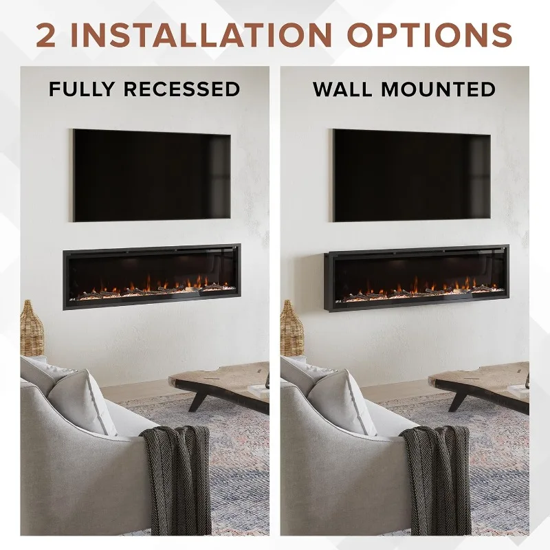 Modern Ember Aerus 72 Inch Smart Linear Electric Fireplace - Recessed in-Wall and Wall-Mount, Multiple Flame Colors, Compatible