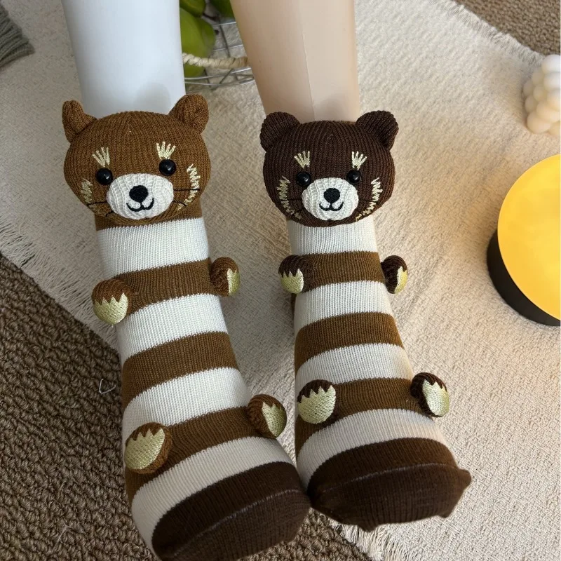 

3D Knit Animal Socks Cute Floor Socks Hand Crocheted Double Layer Warm Sock with Cute Rabbit Panda Animals Christmas Gifts