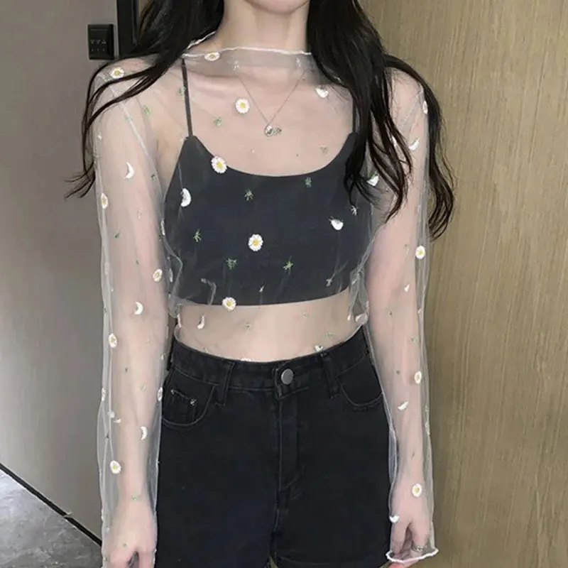 Korean Style Mesh Top Daisy Under Shirt New Harajuku Aesthetic Lace Flower T shirt Long Sleeve Mesh Top Transparent  T-shirts