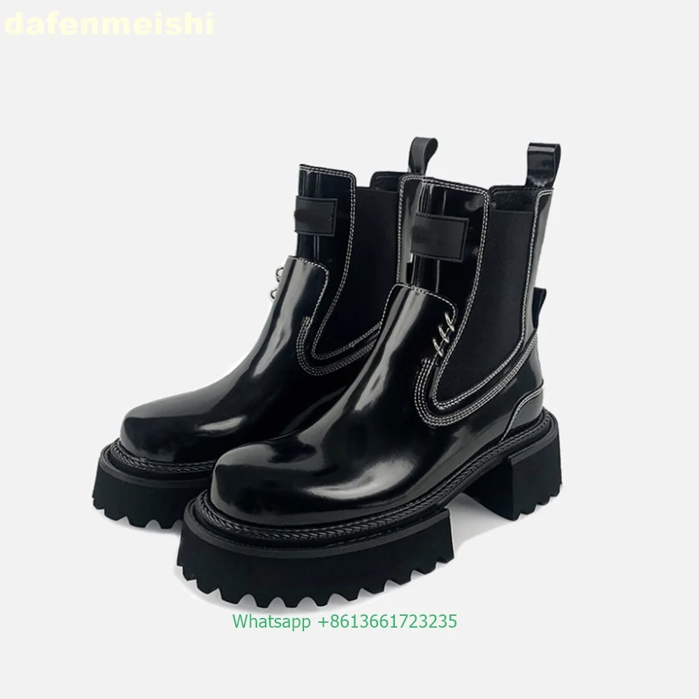 British Style Chelsea Women Ankle Boots Black Patent Leather Platform Round Toe Slip On Short Boots 2024 Winter Fashion Boots