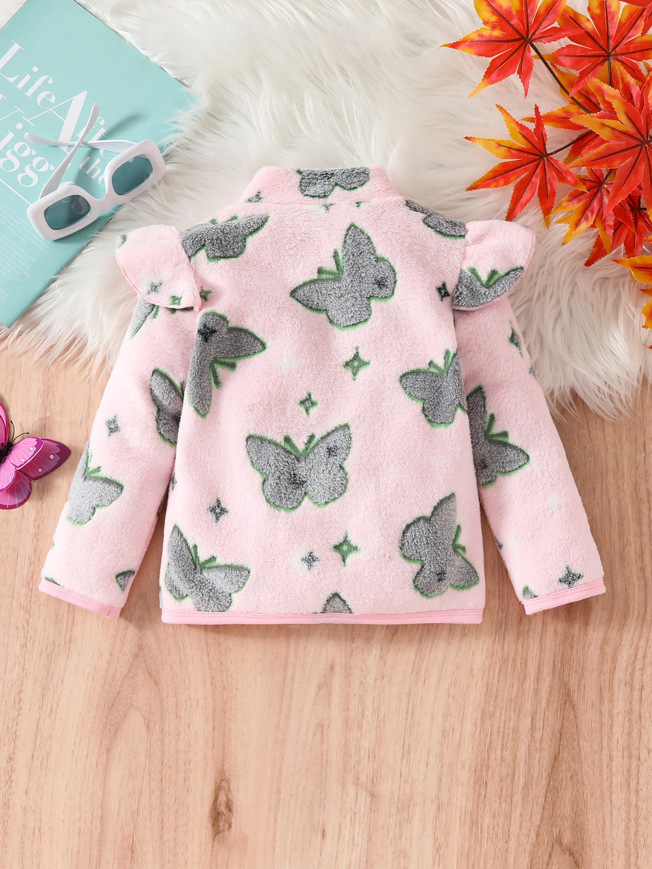 Cute Casual Baby Girl Long-Sleeve Butterfly Flower Zipper Fleece Outdoor Jacket