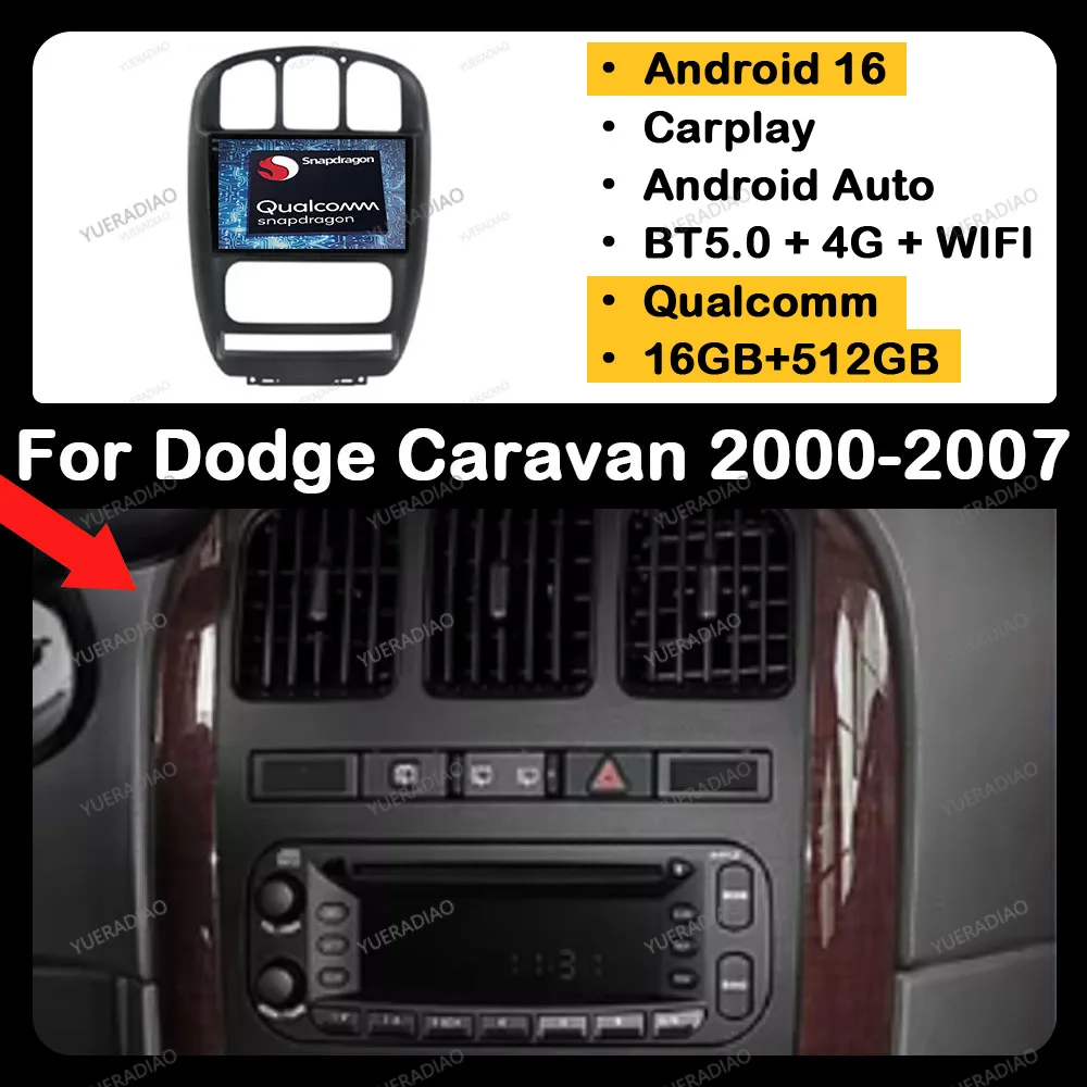 Android 16 para Auto, Reproductor Multimedia Estéreo con GPS NAVI 2DIN QLED para Dodge Caravan 4 y Chrysler Grand Voyager RS 2000 - 2012