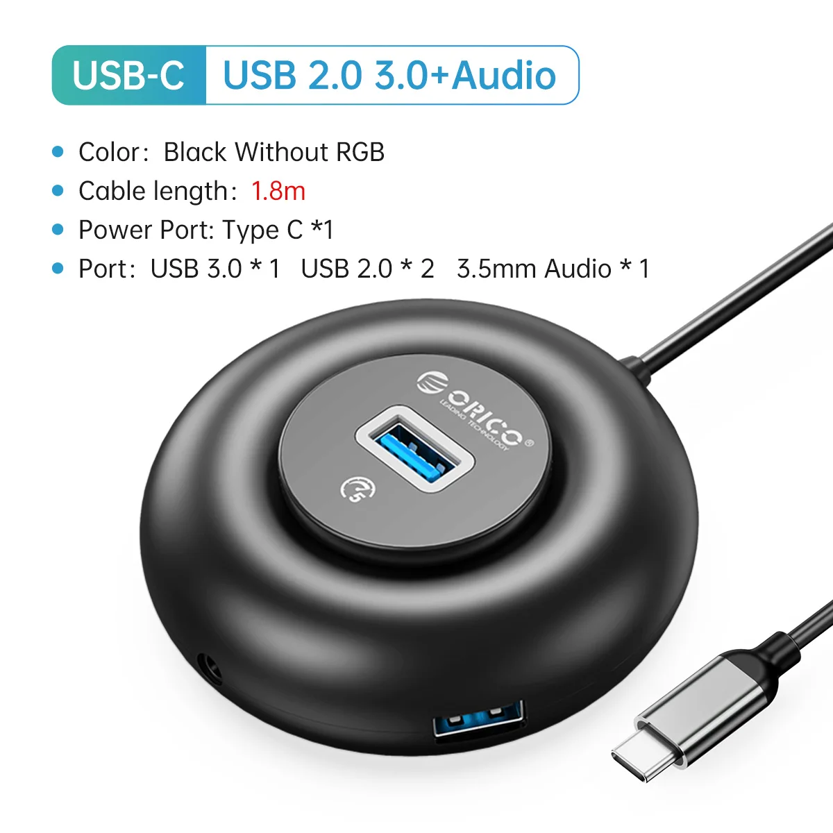 ORICO RGB USB HUB 4 Ports 3.0 Multi-USB-Splitter mit Typ-C-Ladeleistung Ultraschlanker OTG-Adapter für PC MacBook Pro Lenovo
