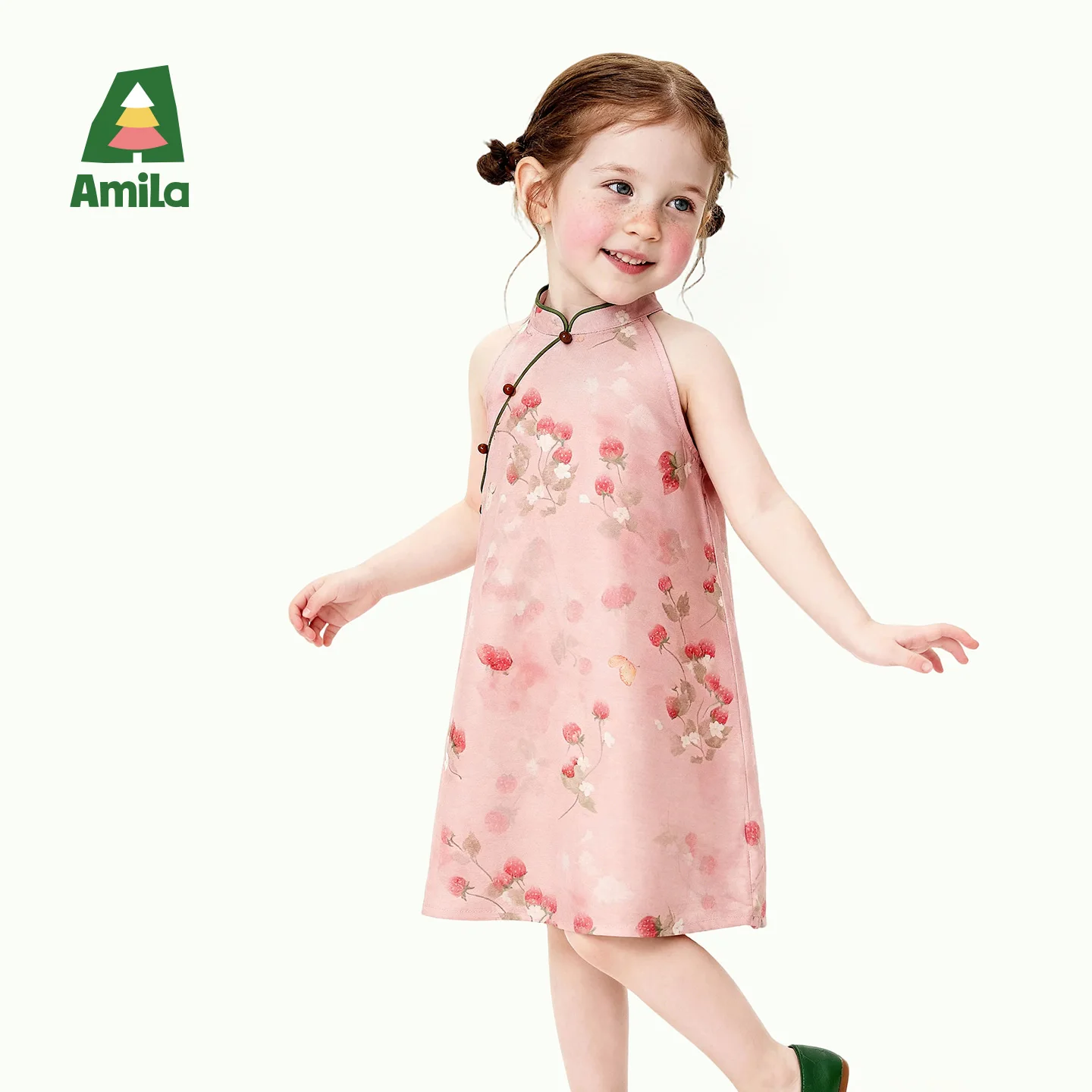 Amila 2026 Summer New Girls' Dress New Chinese Style Gentle Fragmented Flower Sleeveless Cheongsam Skirt