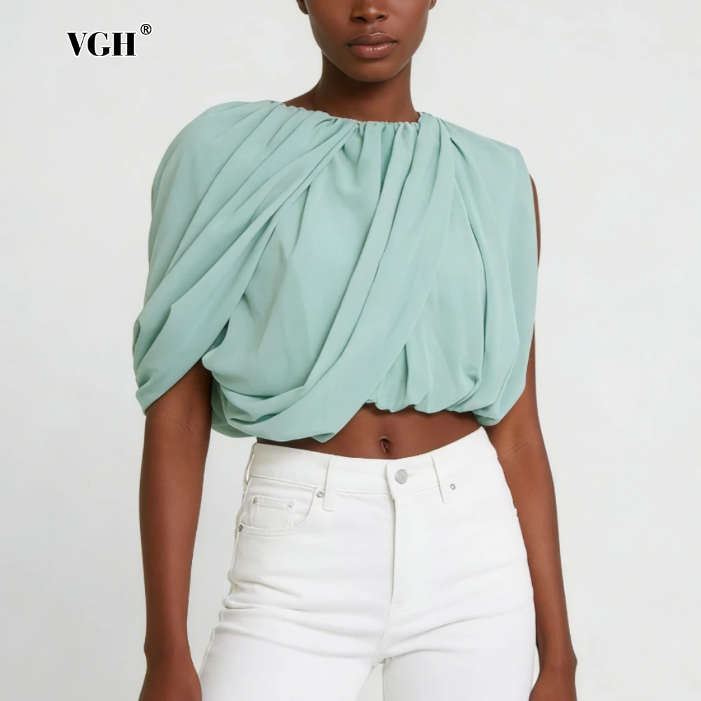 

VGH Green Loose Spliced Folds Chic Shirts for Women O Neck Sleeveless French Luxury Shirt Female Summer Fashion Style Clothing