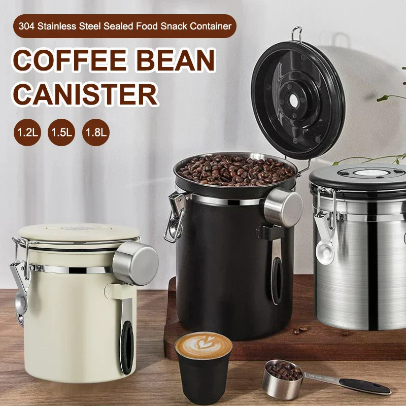 1.2 1.5 1.8L Coffee Bean Jar Airtight Canister Sealed Stainless Steel With Spoon One Way Valve Cannister Coffee Storage Kitchen view 4