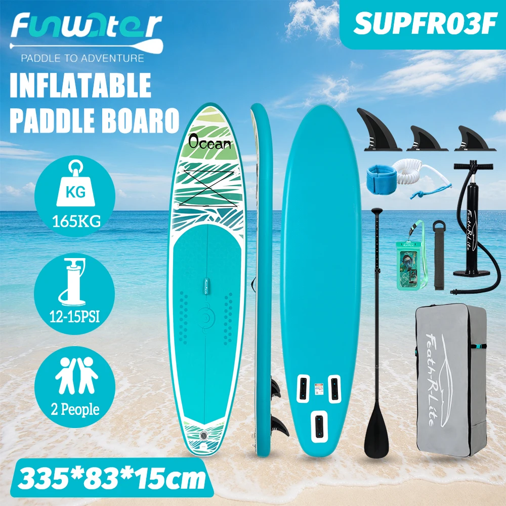 SUP aufblasbares Paddleboard, Funwater Stand Up Paddle Board, super großes rutschfestes Surfbrett 320-350 cm, kommt mit einem kompletten Zubehörset für Wasseryoga, Fitness, Angeln und Familienreisen, geeignet für Anfänger und leicht zu transportieren.