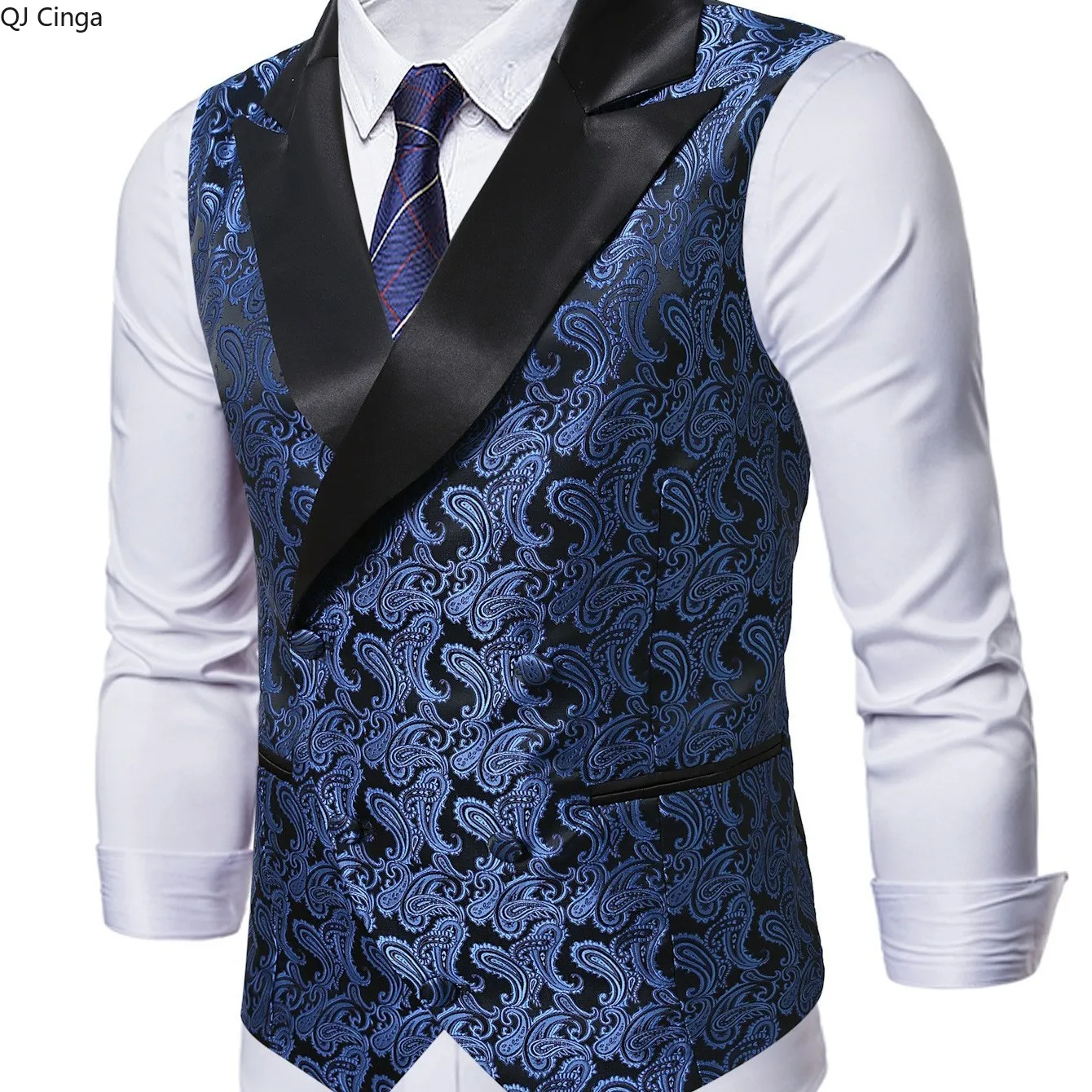 

New Autumn Men's Double-Breasted Sleeveless Vest Jacket, Blue European Sizes Vests, Wedding/Party/Stage Performance Top
