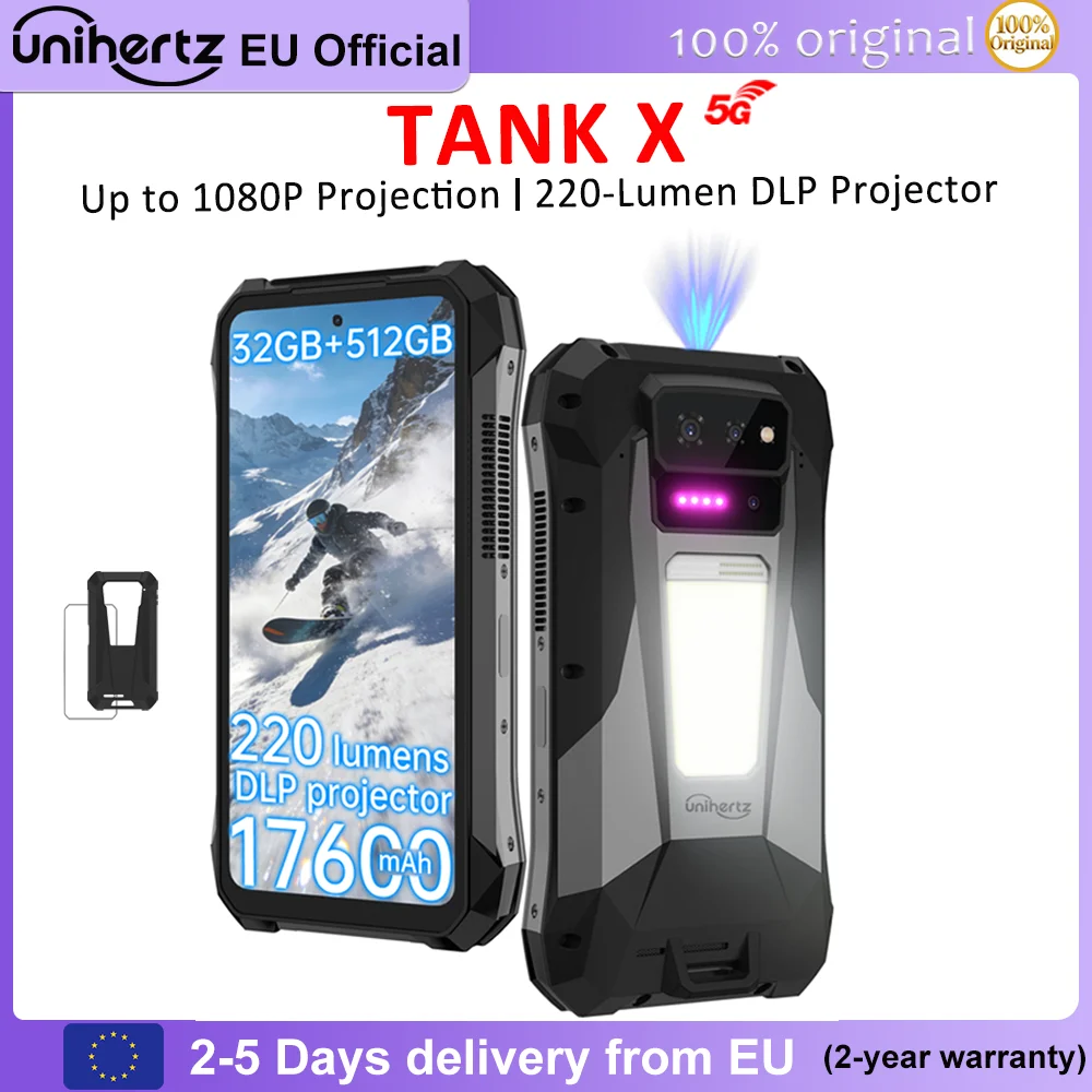 Smartphone Unihertz 8849 TANK X 5G avec projecteur intégré 1080P 220 lumens, Android 15, batterie 17600 mAh, 50MP 64MP, 32+512 Go, WIFI 6