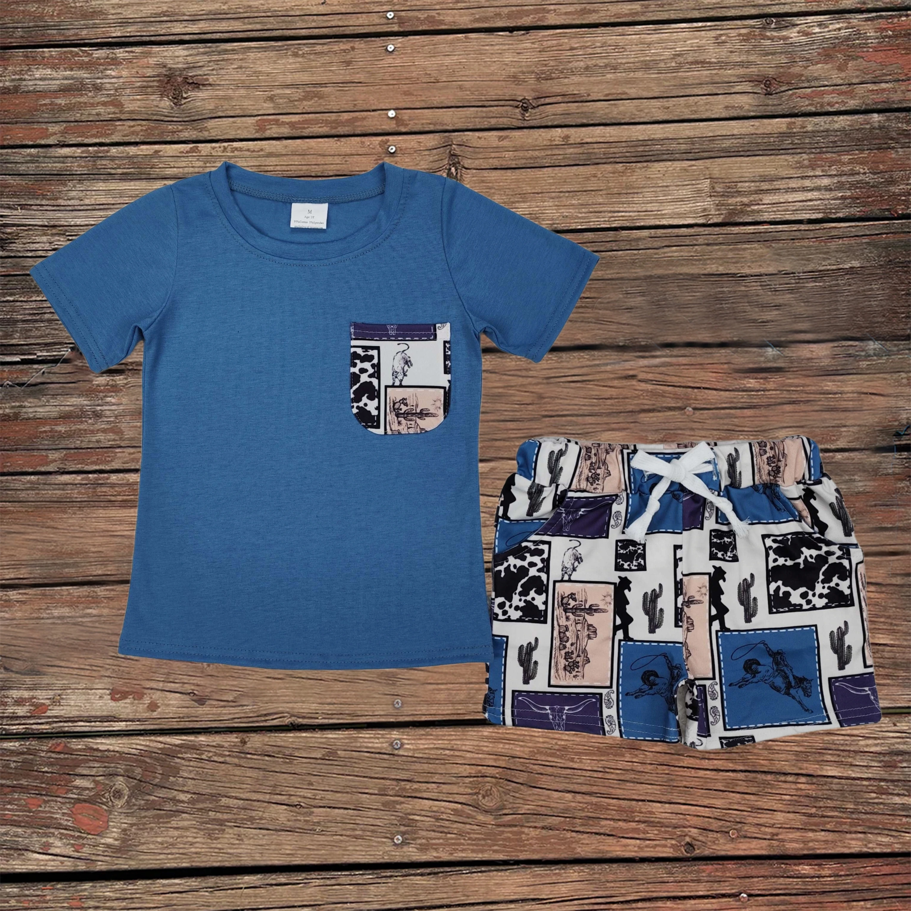 

Wholesale Baby Boy Fashion Summer Clothes Children Short Sleeves Western Blue Pocket Tops Rodeo Shorts Kids Set Infant Outfit