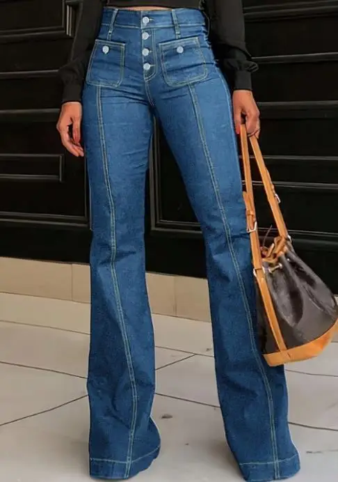 

Women's Jeans 2026 New Spring Autumn Solid Color Breasted High Waisted Streetwear Casual Daily Straight Leg Jeans