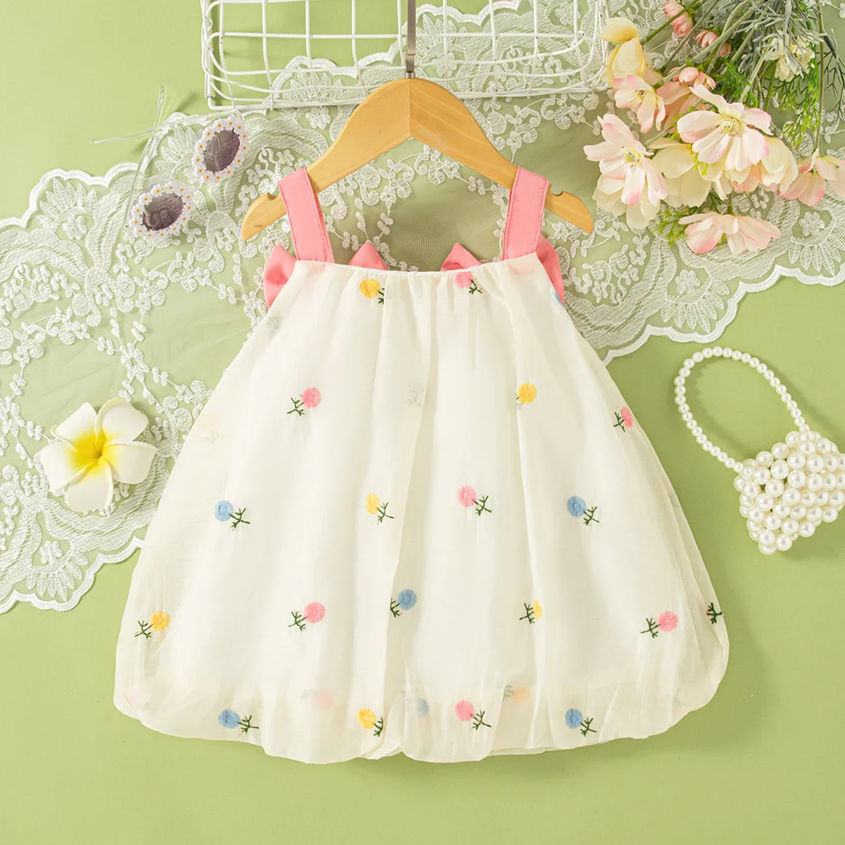 (Girls 0-3 Years Old)  New Baby Girls Dress Summer Bow Halter Puffy Sleeve Flower Embroidery Sweet Princess Dress