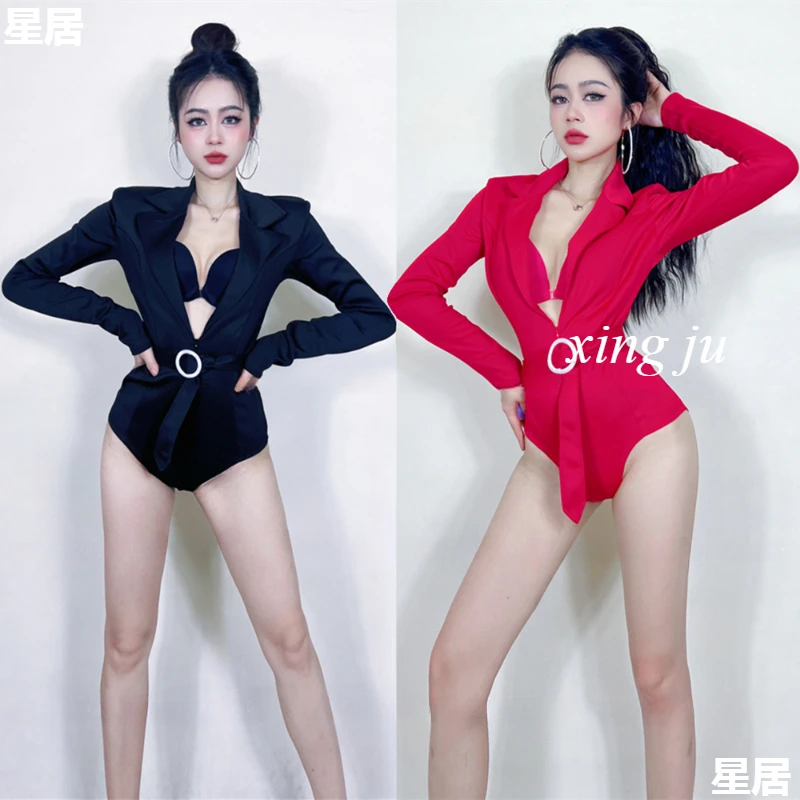 Women Pole Dancing Hip Hop Clothes Sexy Red V-neck Tops Performance Suit Singer Concert Stage Clothing Nightclub DJ Rave Outfits