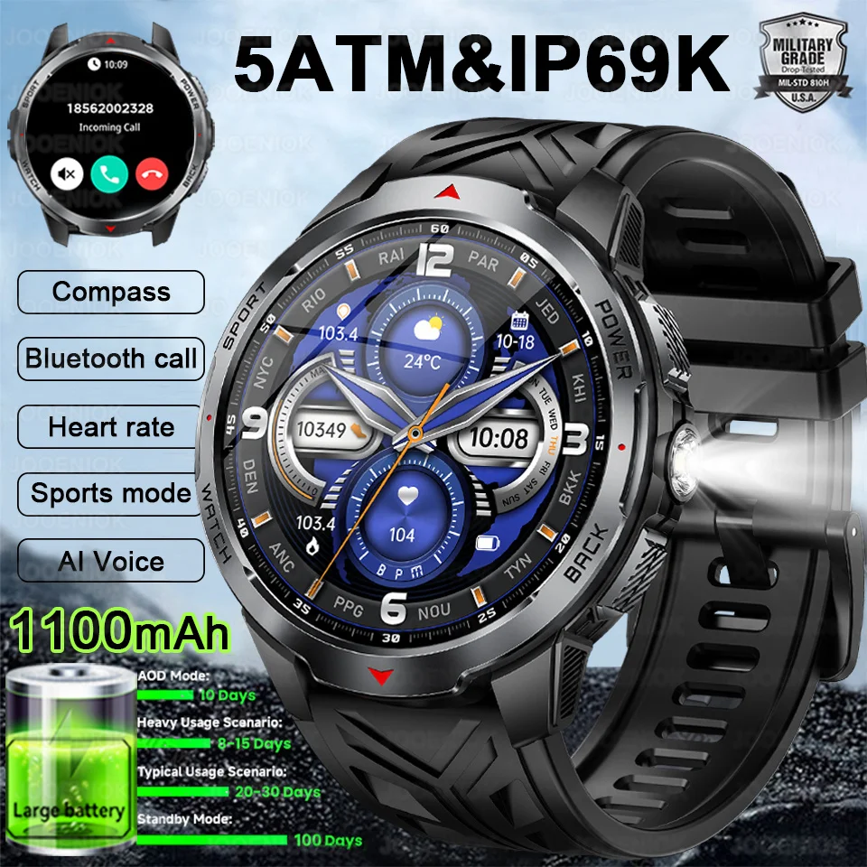 

2025 New Military 1100mAh LED Flashlight Smart Watch Men Compass 1.7 Inch Screen Bluetooth Call Health Monitoring Smartwatch