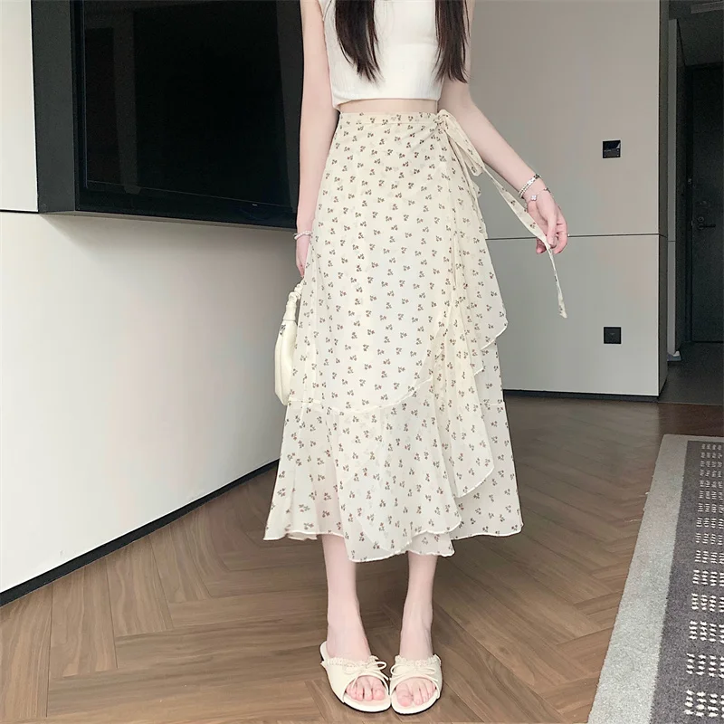 Asymmetrical Hem Floral Embellished Chiffon Beach Skirt Women's Split Drapey A-Line Wrap Long Skirt mid Waist Polyester