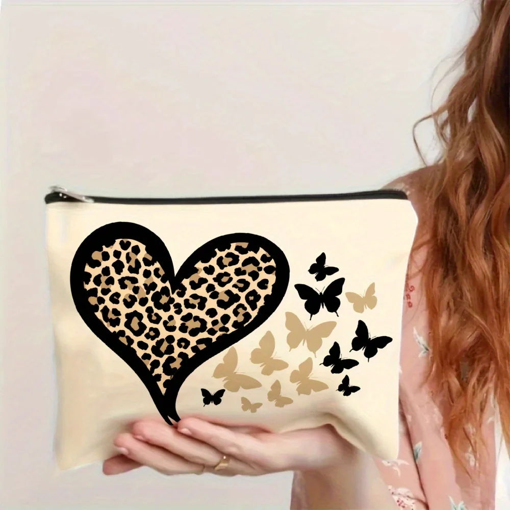 A Fashion leopard print heart-shaped printed makeup bag - multifunctional zipper pouch, jewelry storage bag