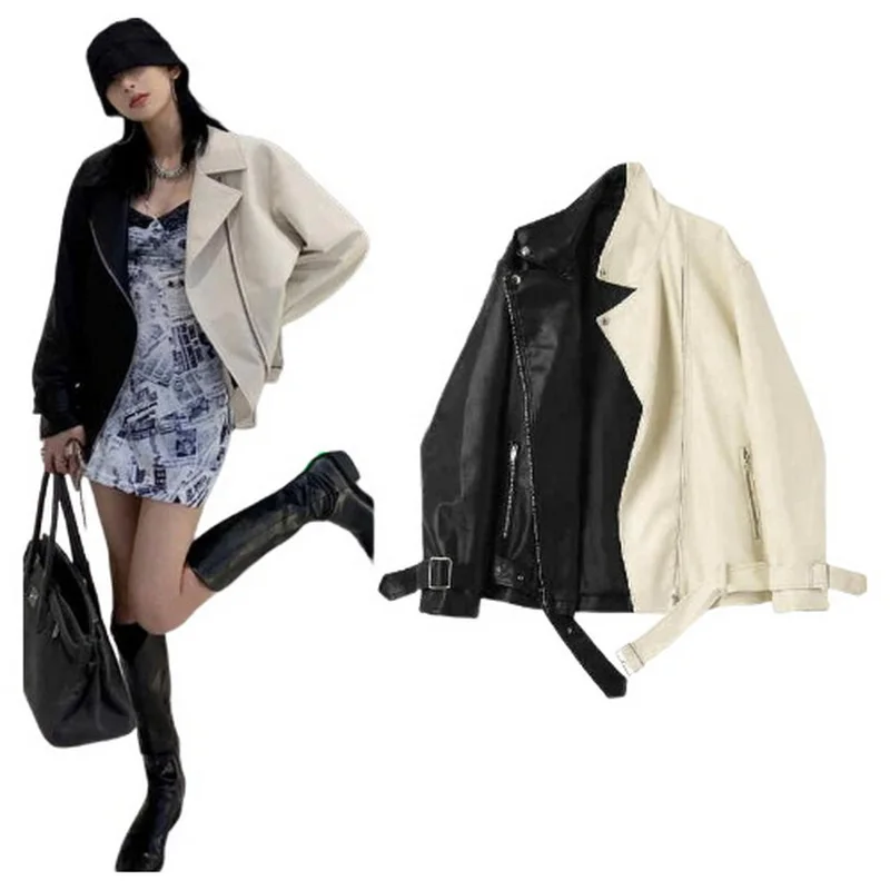 Women Faux Leather Jacket With Belt Splicing Color Turndown Collar Coat Zipper Outside Leather Overcoat