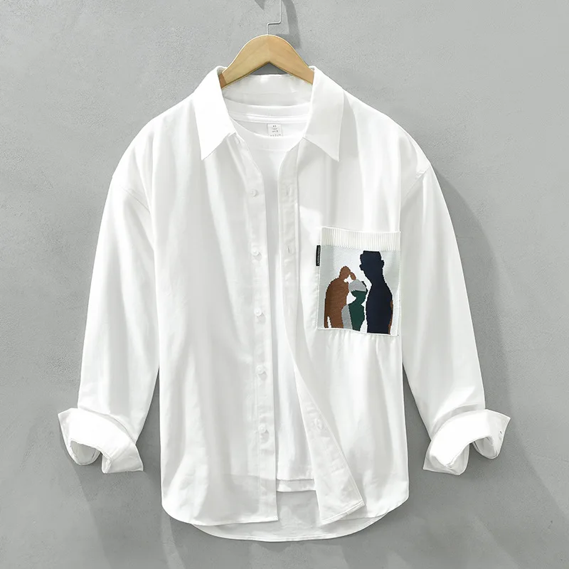 2191 Men White Shirt Japan Style Spring Fashion Long Sleeve Creative Pocket Chic Print Loose Casual Basic Blouse Teen Daily Tops