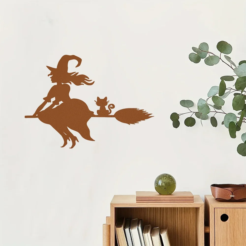 CIFBUY Witch On Broom Metal Wall Decor, Hollow Silhouette Iron Wall Art, Halloween Hanging Ornament for Home Yard Decoration