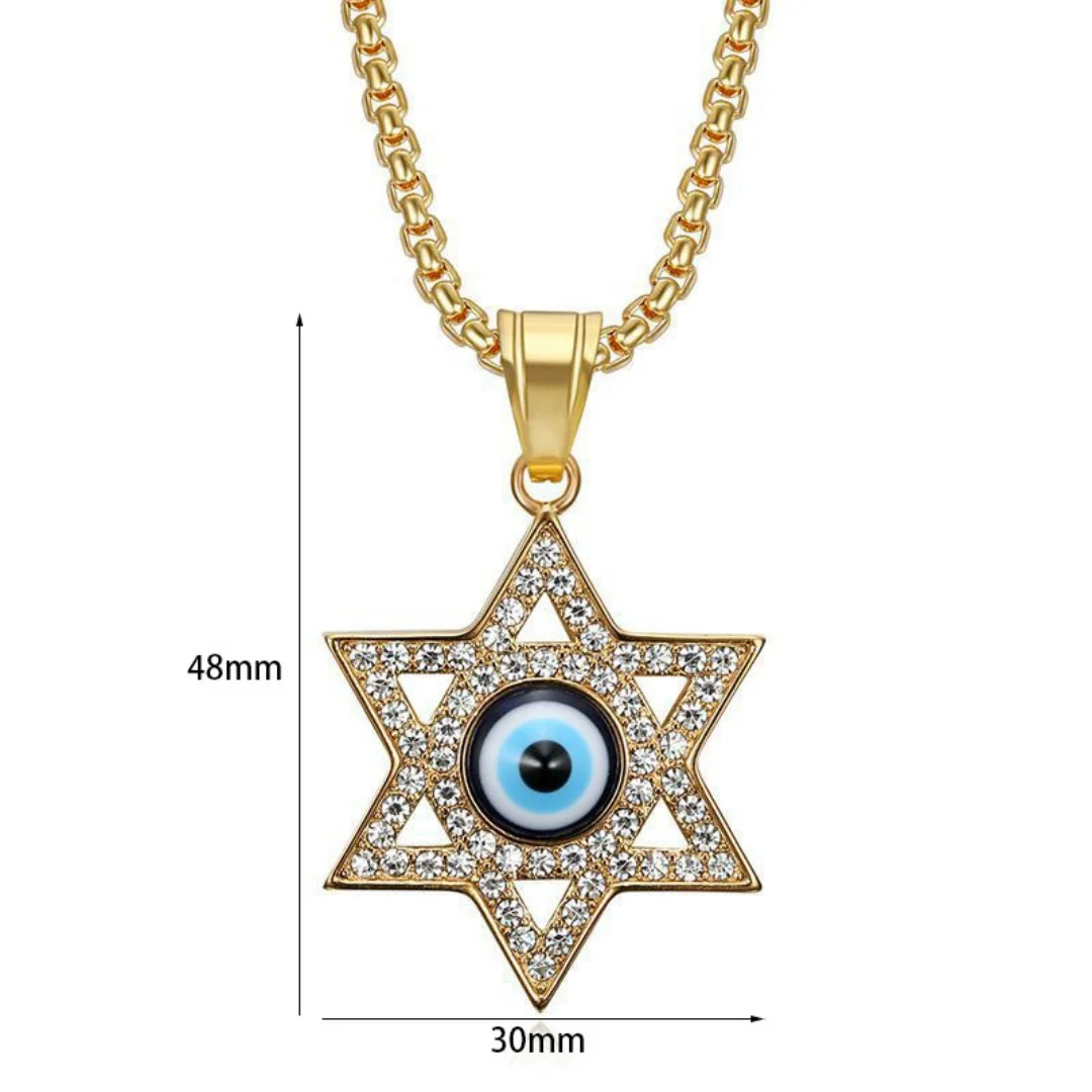 Religious Hexagram Star of David Eyes Zirconia Round Pendant Gold Silver Color Stainless Steel Necklace for Woman Man Jewelry