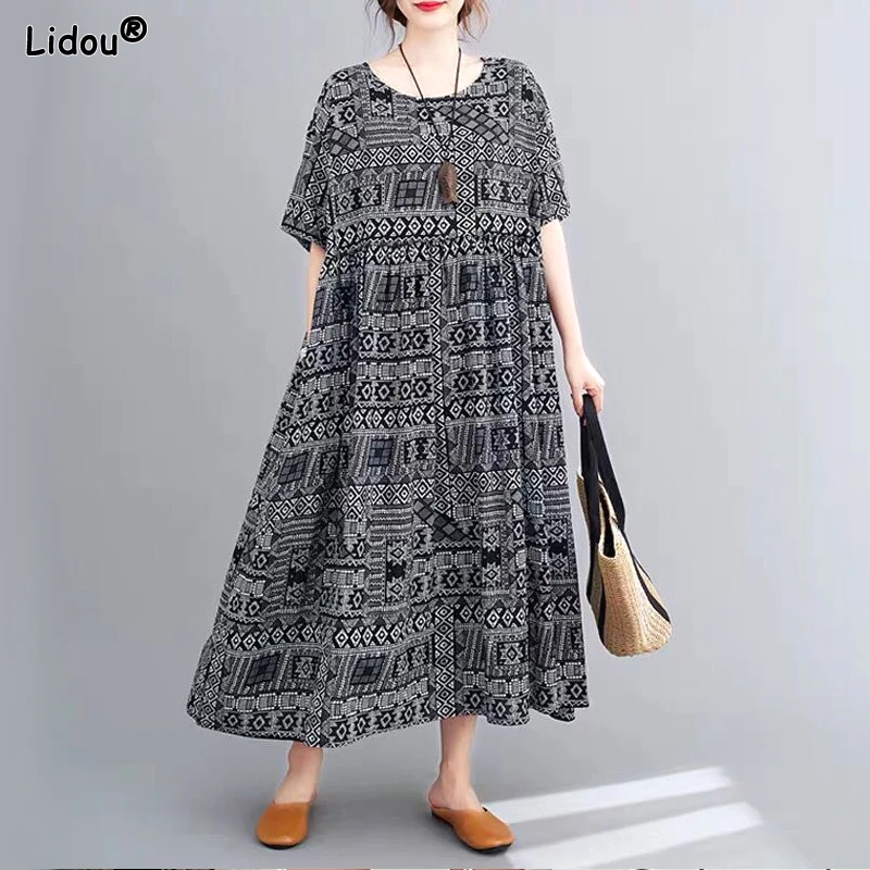 

Round Neck Intellectual Comfortable Short Sleeve Dresses Loose Midi Skirts Printing Vintage Fashion Casual Women's Clothing 2023