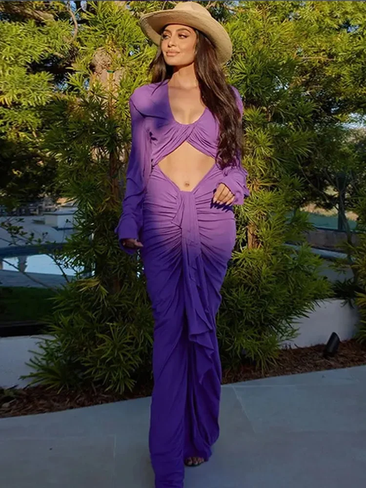 Purple Cut Out Long Dresses Women Sexy Knot Hollow Out Long Sleeved V-Neck Exposed Hip Package Dress Ladies Evening Party Robes