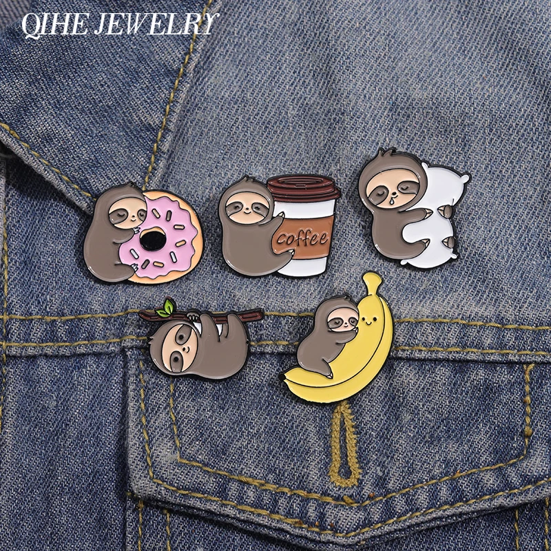

Cute Lazy Sloth Enamel Pins Cartoon Sloth Coffee Donut Banana Pillow Brooches Collar Lapel Badge Jewelry Gift for Kids Friends
