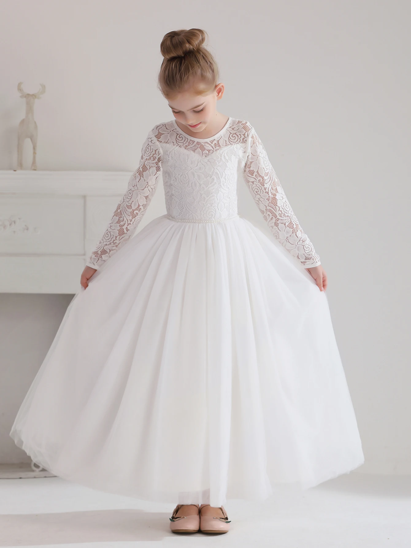 Girls\' Teenage Long Sleeve Lace Dress Wedding White Bridesmaid Evening Gown Long Dress