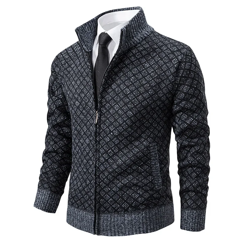 Men's Plush Jacket Autumn and Winter Thick Insulation Standing Neck Zipper Plaid Casual Jacket Fleece Knitted Sweater Cardigan