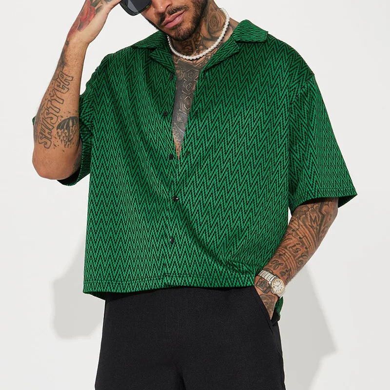 

2026 Summer New Men's Chevron Print Short Sleeve Shirt Casual Oversized Cuban Collar Button Up Top