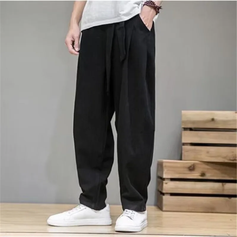 Men Cotton Linen Jogger Harem Pants Plus Size Men Long Trousers M-6XL 7XL Solid Loose Casual Elastic Waist Pants Gray Khaki
