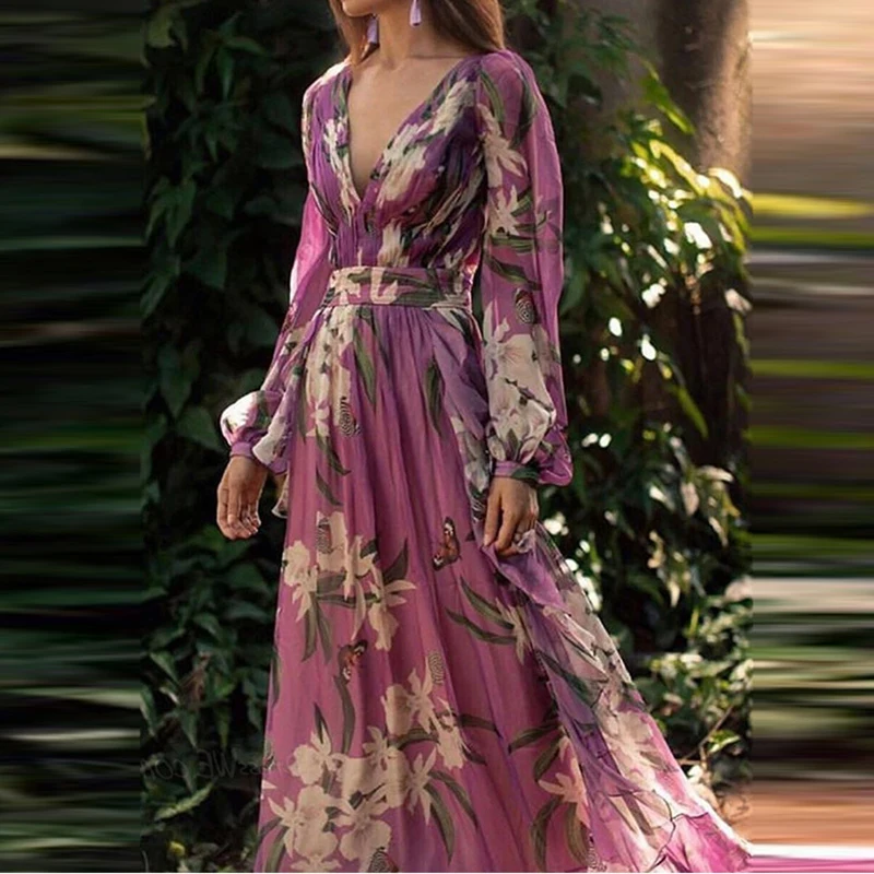 Elegant V-neck Long Sleeve Bohemian Dress Women Fashion Hight Waist Pleated Long Dress Vintage Flower Print Chiffon Party Dress