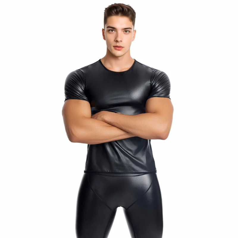 Męska seksowna koszulka skórzana z krótkim rękawem, wyszczuplająca bielizna modelująca sylwetkę, gorsety modelujące talię, bielizna modelująca brzuch, skórzana koszula.