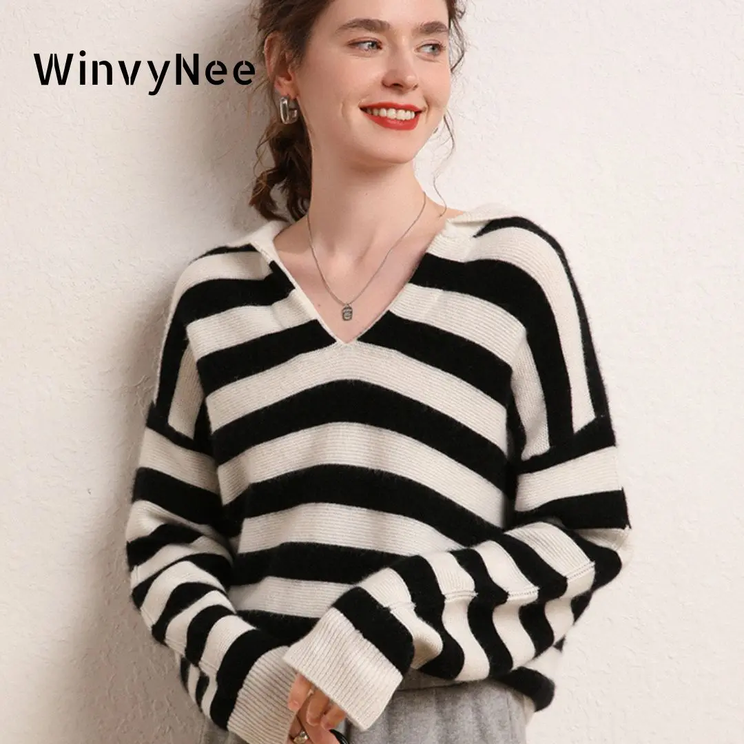 WinvyNee Women Cashmere Wool Striped Sweaters Polo V Neck Casual Loose Outerwear Warm Knitted Pullovers Oversize Autumn A1044020