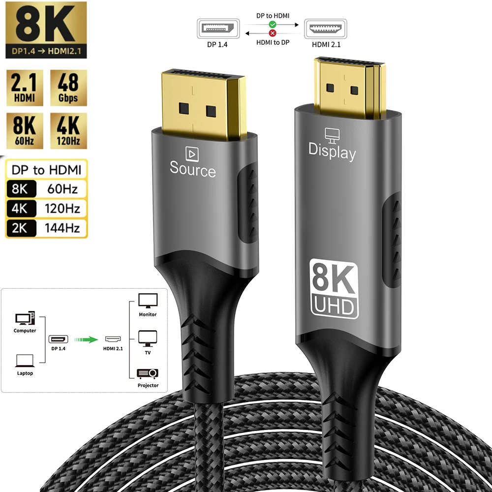 8K@60Hz DisplayPort to HDMI Cable Unidirectional DisplayPort to HDMI Cable Braided Cable Compatible For HDTV/MacBook/Xbox